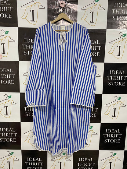 FORUM |XL| BUST 25| A29| BLUE & WHITE STRIPED TIE-NECK LONG-SLEEVE MIDI SHIRT DRESS
