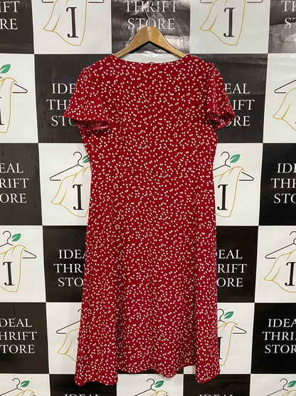|L| BUST 19| A29| RED & WHITE HEART PRINT BUTTON-FRONT SHORT-SLEEVE MIDI DRESS