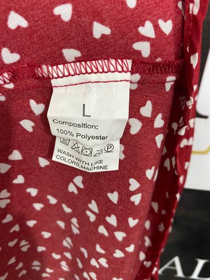 |L| BUST 19| A29| RED & WHITE HEART PRINT BUTTON-FRONT SHORT-SLEEVE MIDI DRESS