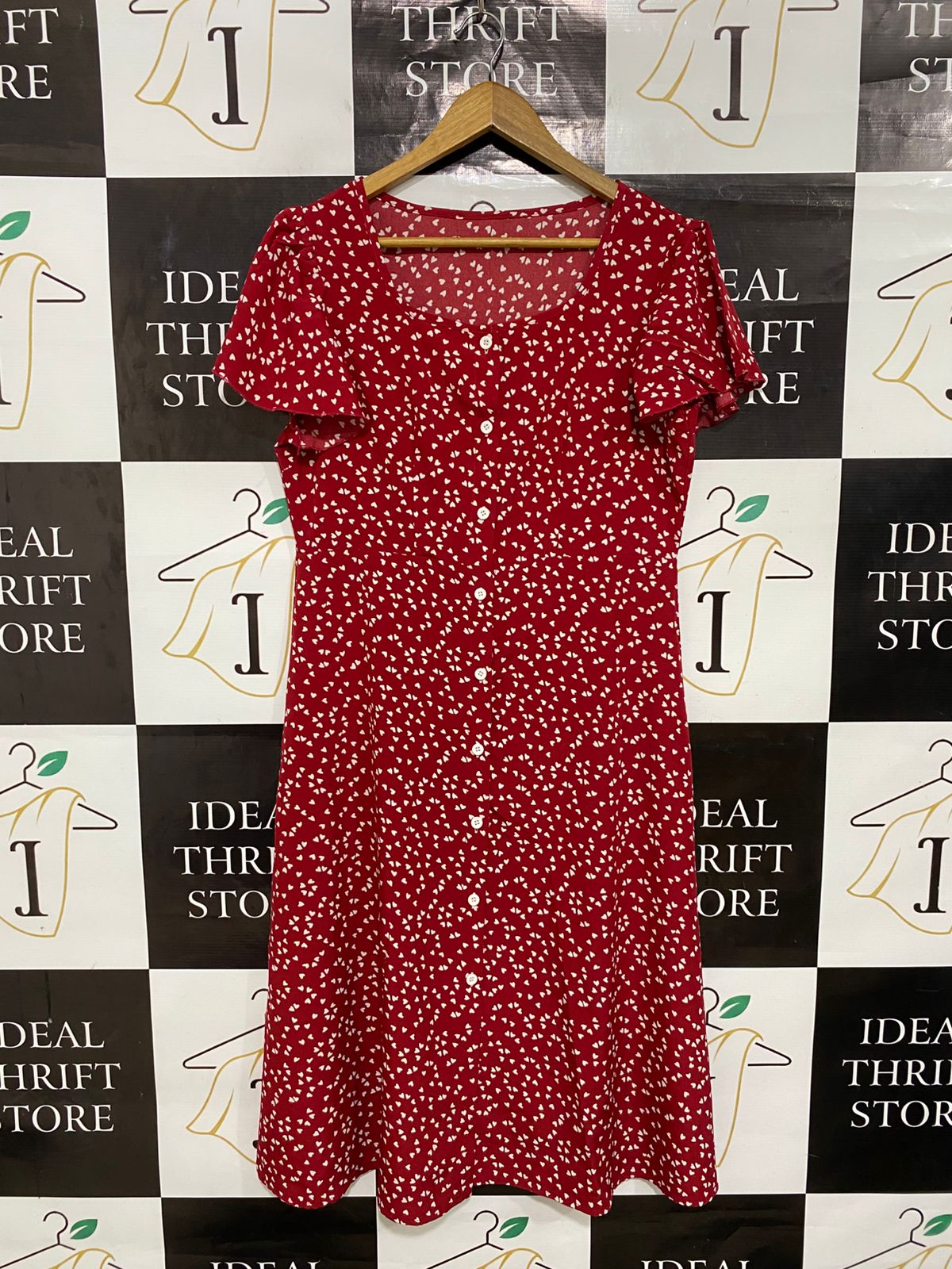|L| BUST 19| A29| RED & WHITE HEART PRINT BUTTON-FRONT SHORT-SLEEVE MIDI DRESS