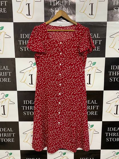 |L| BUST 19| A29| RED & WHITE HEART PRINT BUTTON-FRONT SHORT-SLEEVE MIDI DRESS