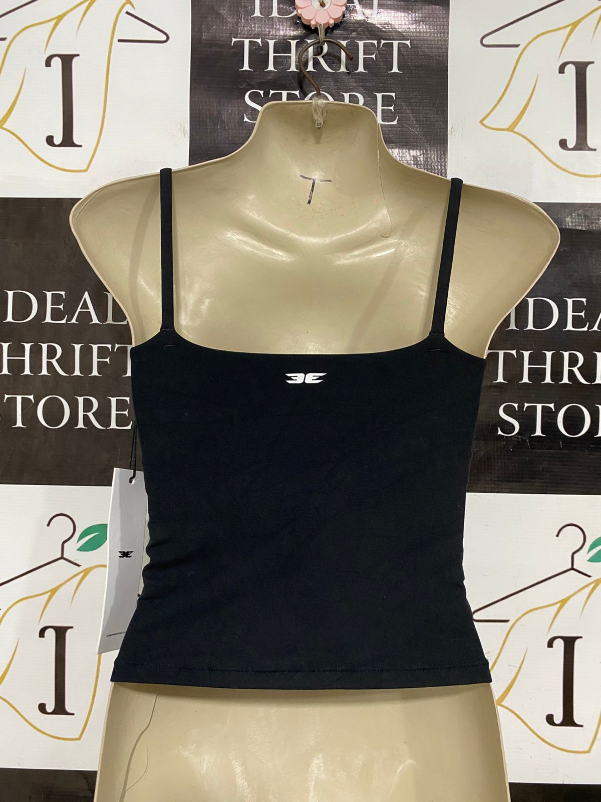 E E |XS| BUST 12| A29| CLASSIC BLACK SQUARE-NECK SPAGHETTI STRAP CROP TOP