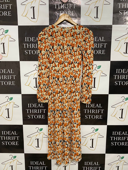 MNG |XS| BUST 13| A28| RUST ORANGE & CREAM FLORAL V-NECK LONG-SLEEVE MIDI DRESS