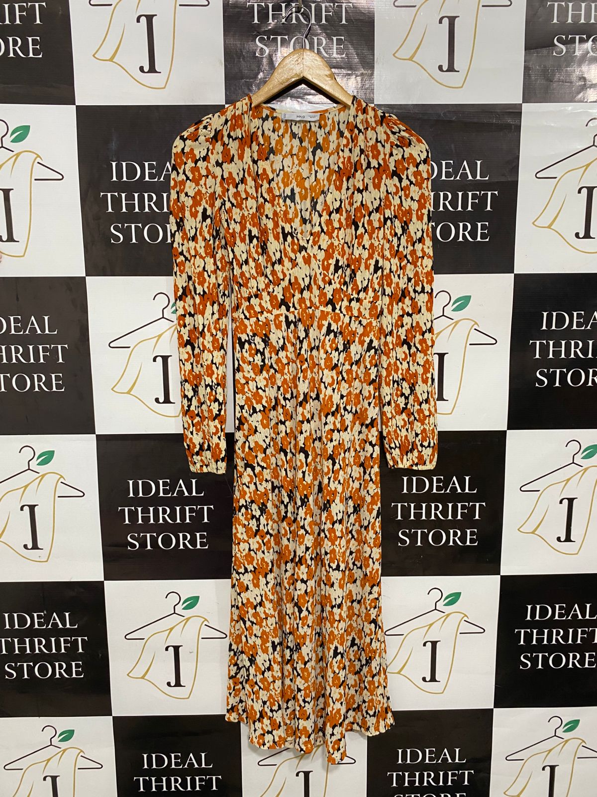 MNG |XS| BUST 13| A28| RUST ORANGE & CREAM FLORAL V-NECK LONG-SLEEVE MIDI DRESS