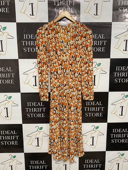 MNG |XS| BUST 13| A28| RUST ORANGE & CREAM FLORAL V-NECK LONG-SLEEVE MIDI DRESS