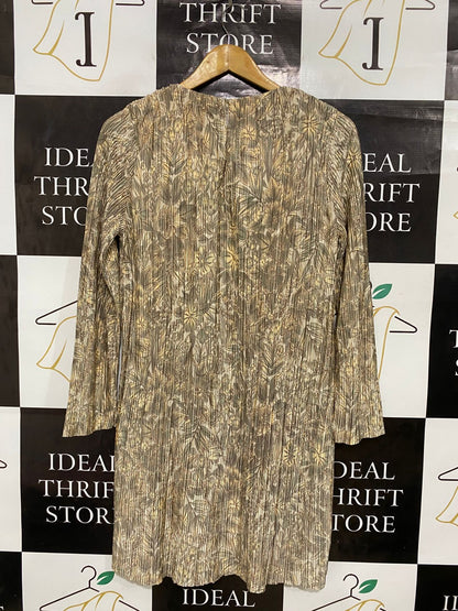 H&M |S| BUST 17| A28| GOLDEN BROWN & OLIVE FLORAL PLEATED LONG-SLEEVE MINI DRESS