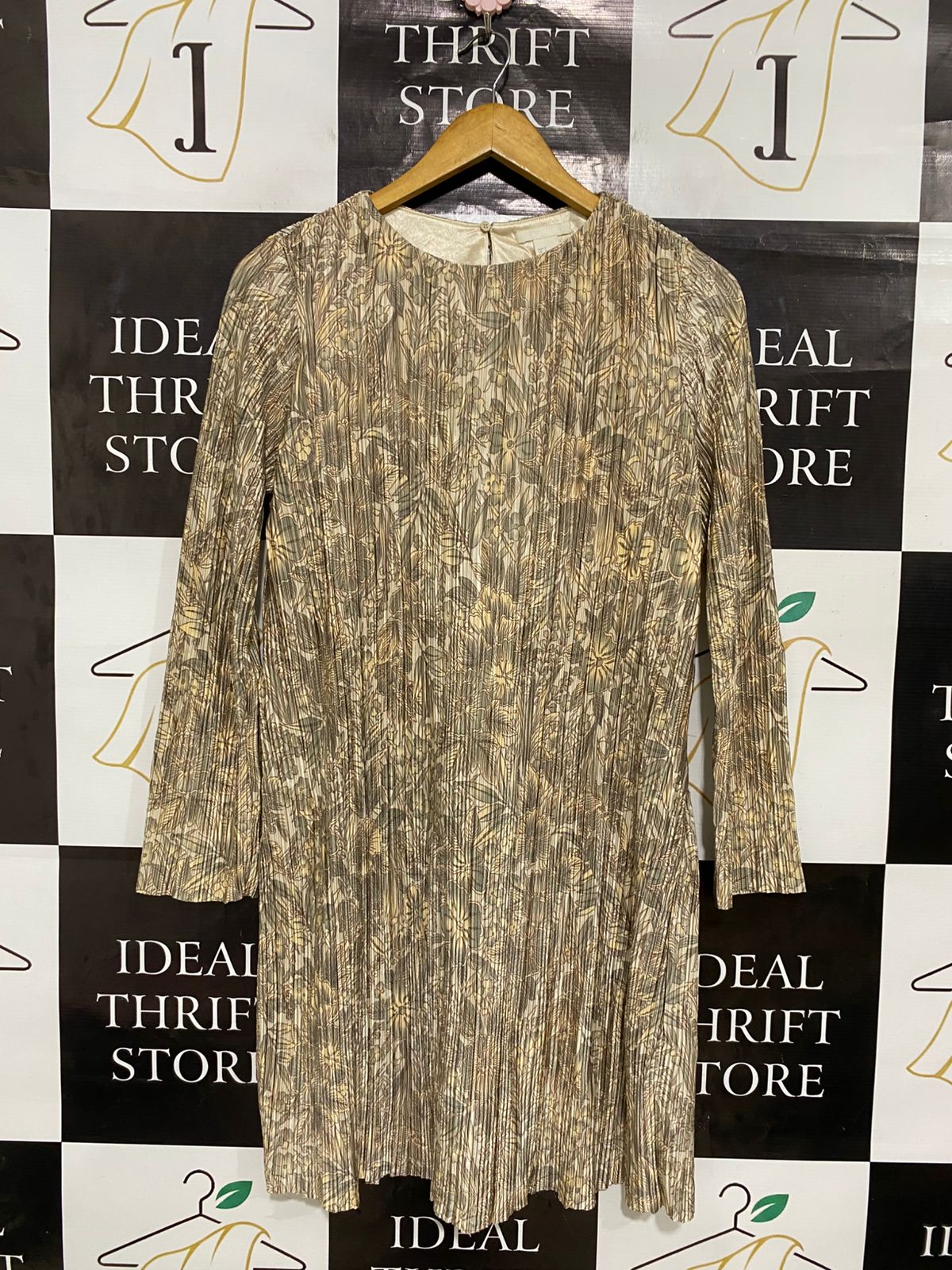 H&M |S| BUST 17| A28| GOLDEN BROWN & OLIVE FLORAL PLEATED LONG-SLEEVE MINI DRESS