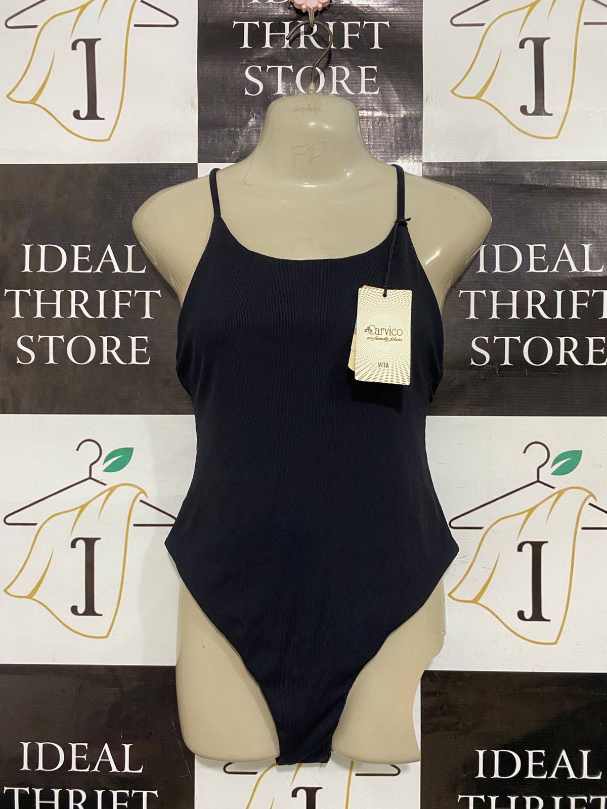 CARVICO |S| BUST 15| A28| CLASSIC BLACK RIBBED SCOOP-NECK ONE-PIECE SWIMSUIT / BODYSUIT