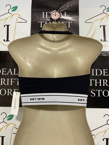 GLASSONS |XS| BUST 11| A28| BLACK V-NECK BRANDED ELASTIC-BAND SPORTS BRA / CROP TOP