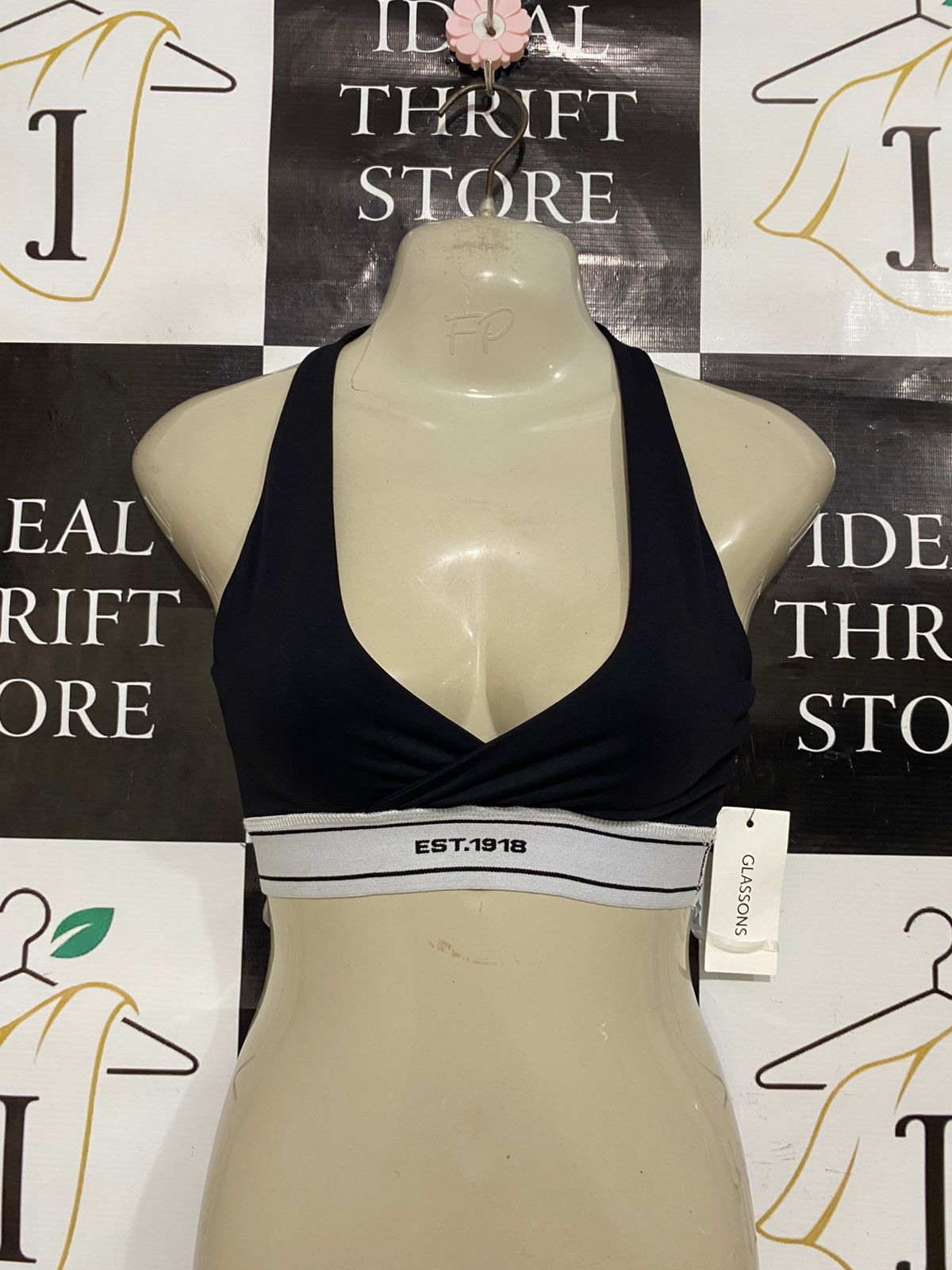 GLASSONS |XS| BUST 11| A28| BLACK V-NECK BRANDED ELASTIC-BAND SPORTS BRA / CROP TOP