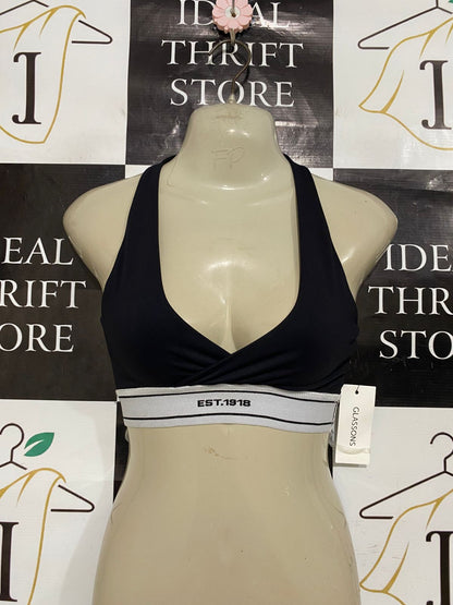 GLASSONS |XS| BUST 11| A28| BLACK V-NECK BRANDED ELASTIC-BAND SPORTS BRA / CROP TOP