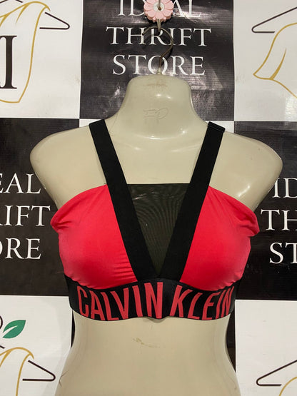 CALVIN KLEIN |L| BUST 14| A28| RED & BLACK MESH-ACCENT BRANDED ATHLETIC SPORTS BRA / CROP TOP