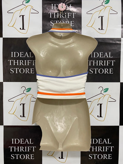 SOUTH BEACH |M| BUST 15| A28| WHITE, ORANGE & PURPLE TRIM ATHLETIC SPORTS BRA / CROP TOP