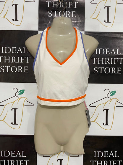 SOUTH BEACH |M| BUST 15| A28| WHITE, ORANGE & PURPLE TRIM ATHLETIC SPORTS BRA / CROP TOP