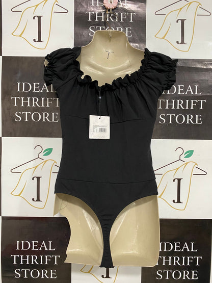 MISSGUIDED |S| BUST 15| A28| BLACK RUFFLED SWEETHEART NECKLINE TIE-FRONT SHORT-SLEEVE BODYSUIT