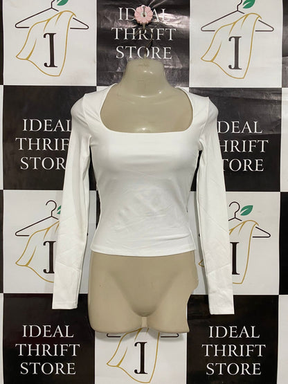 H&M |XS| BUST 12| A28| CLASSIC WHITE SQUARE-NECK LONG-SLEEVE CROP TOP