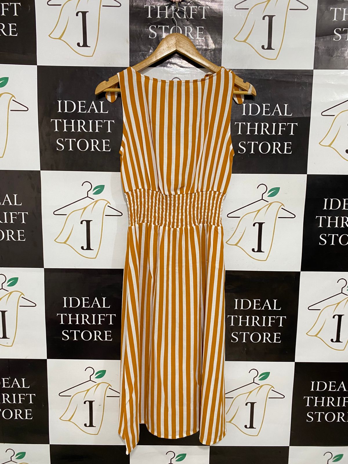 ESMARA |S| BUST 15| A28| MUSTARD YELLOW & WHITE STRIPED TIE-STRAP BUTTON-FRONT MIDI DRESS