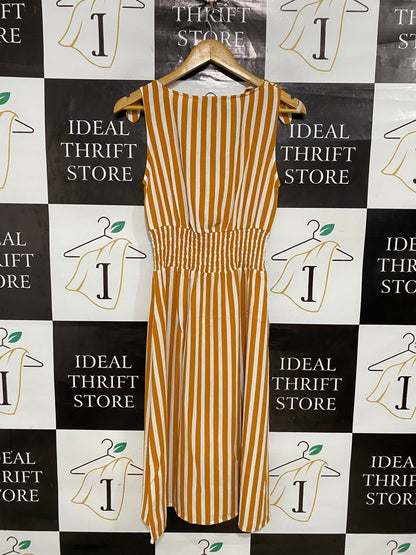 ESMARA |S| BUST 15| A28| MUSTARD YELLOW & WHITE STRIPED TIE-STRAP BUTTON-FRONT MIDI DRESS