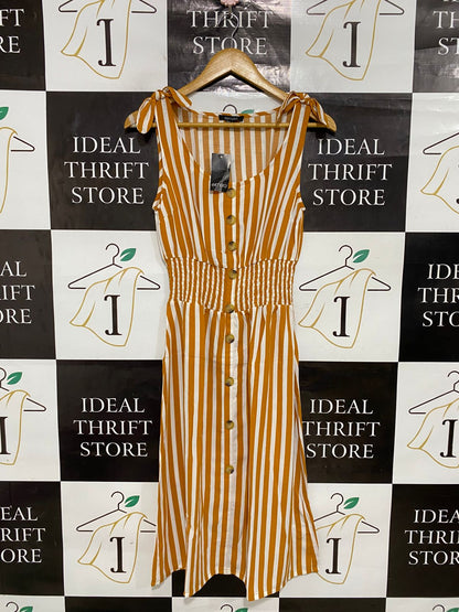 ESMARA |S| BUST 15| A28| MUSTARD YELLOW & WHITE STRIPED TIE-STRAP BUTTON-FRONT MIDI DRESS