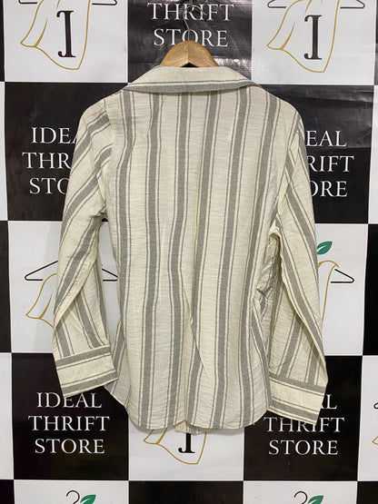 PRIMARK |L| BUST 19| A28| GREY & CREAM STRIPED WRAP-FRONT LONG-SLEEVE SHIRT