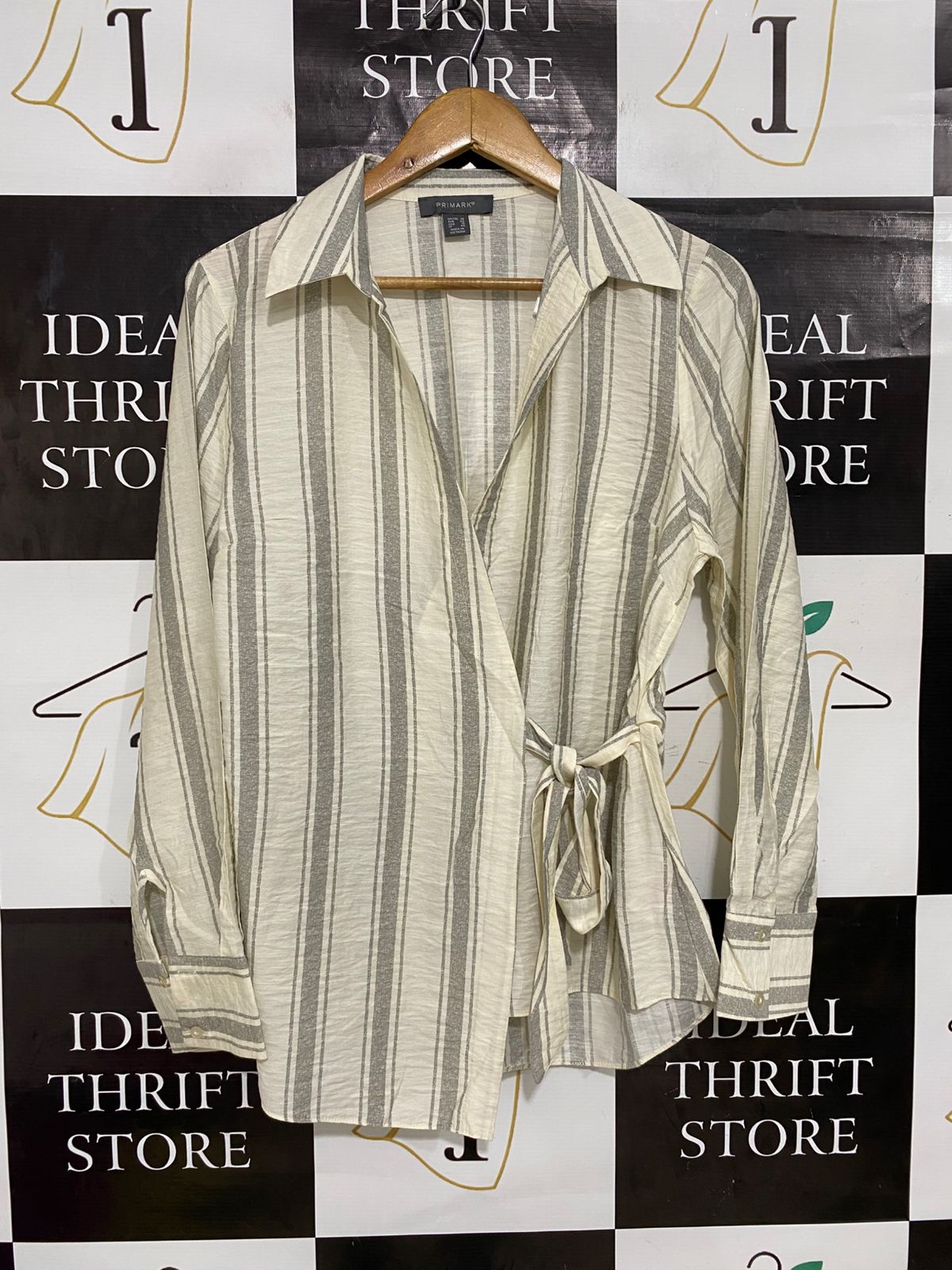 PRIMARK |L| BUST 19| A28| GREY & CREAM STRIPED WRAP-FRONT LONG-SLEEVE SHIRT