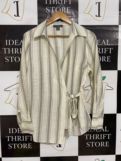 PRIMARK |L| BUST 19| A28| GREY & CREAM STRIPED WRAP-FRONT LONG-SLEEVE SHIRT