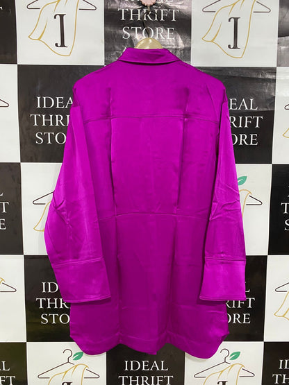 H&M |M| BUST 20| A28| MAGENTA PINK SATIN COLLARED LONG-SLEEVE SHIRT DRESS / TUNIK