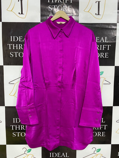 H&M |M| BUST 20| A28| MAGENTA PINK SATIN COLLARED LONG-SLEEVE SHIRT DRESS / TUNIK