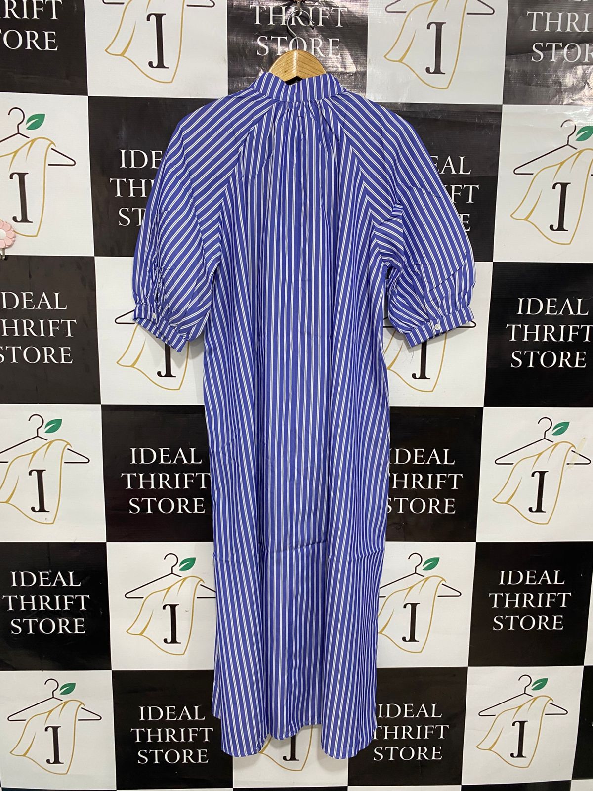 SHEIN |S| BUST 22| A28| BLUE & WHITE STRIPED TIE-NECK PUFF-SLEEVE MIDI / MAXI DRESS