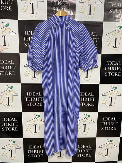 SHEIN |S| BUST 22| A28| BLUE & WHITE STRIPED TIE-NECK PUFF-SLEEVE MIDI / MAXI DRESS