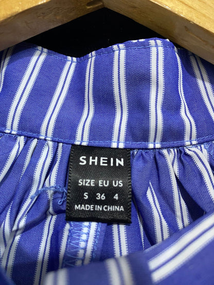 SHEIN |S| BUST 22| A28| BLUE & WHITE STRIPED TIE-NECK PUFF-SLEEVE MIDI / MAXI DRESS