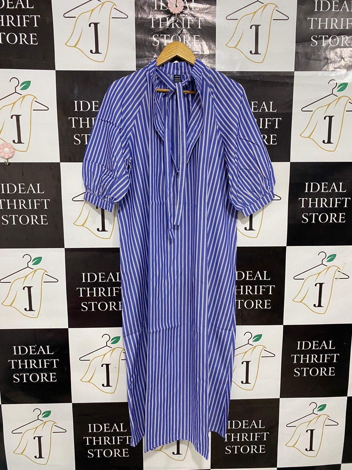 SHEIN |S| BUST 22| A28| BLUE & WHITE STRIPED TIE-NECK PUFF-SLEEVE MIDI / MAXI DRESS