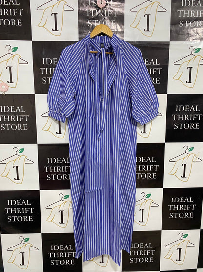 SHEIN |S| BUST 22| A28| BLUE & WHITE STRIPED TIE-NECK PUFF-SLEEVE MIDI / MAXI DRESS