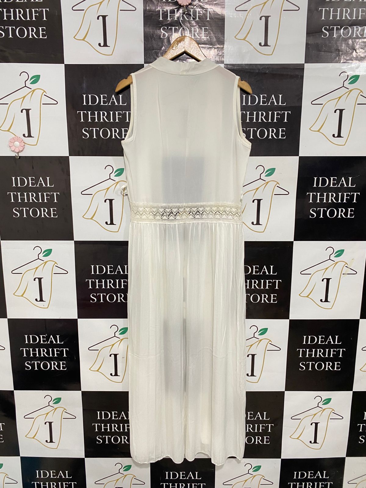 |L| BUST 19| A28| CREAM SHEER LACE-TRIM SLEEVELESS LONG CARDIGAN / KIMONO