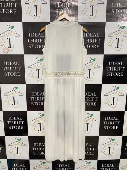 |L| BUST 19| A28| CREAM SHEER LACE-TRIM SLEEVELESS LONG CARDIGAN / KIMONO