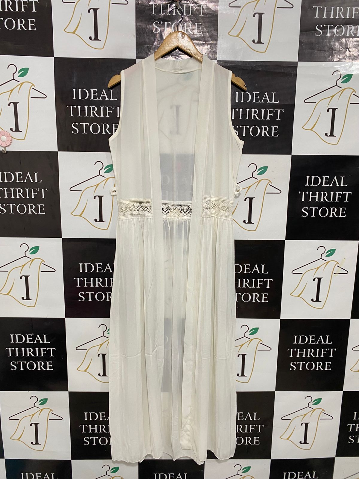|L| BUST 19| A28| CREAM SHEER LACE-TRIM SLEEVELESS LONG CARDIGAN / KIMONO