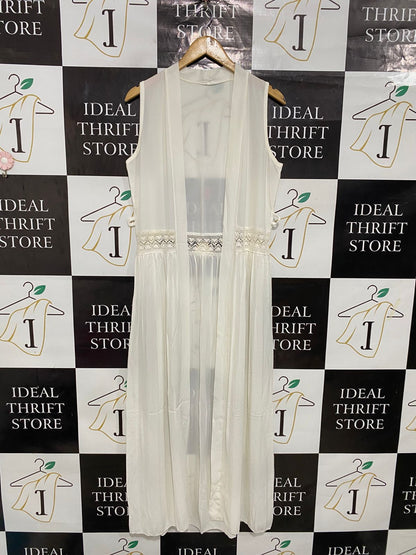 |L| BUST 19| A28| CREAM SHEER LACE-TRIM SLEEVELESS LONG CARDIGAN / KIMONO