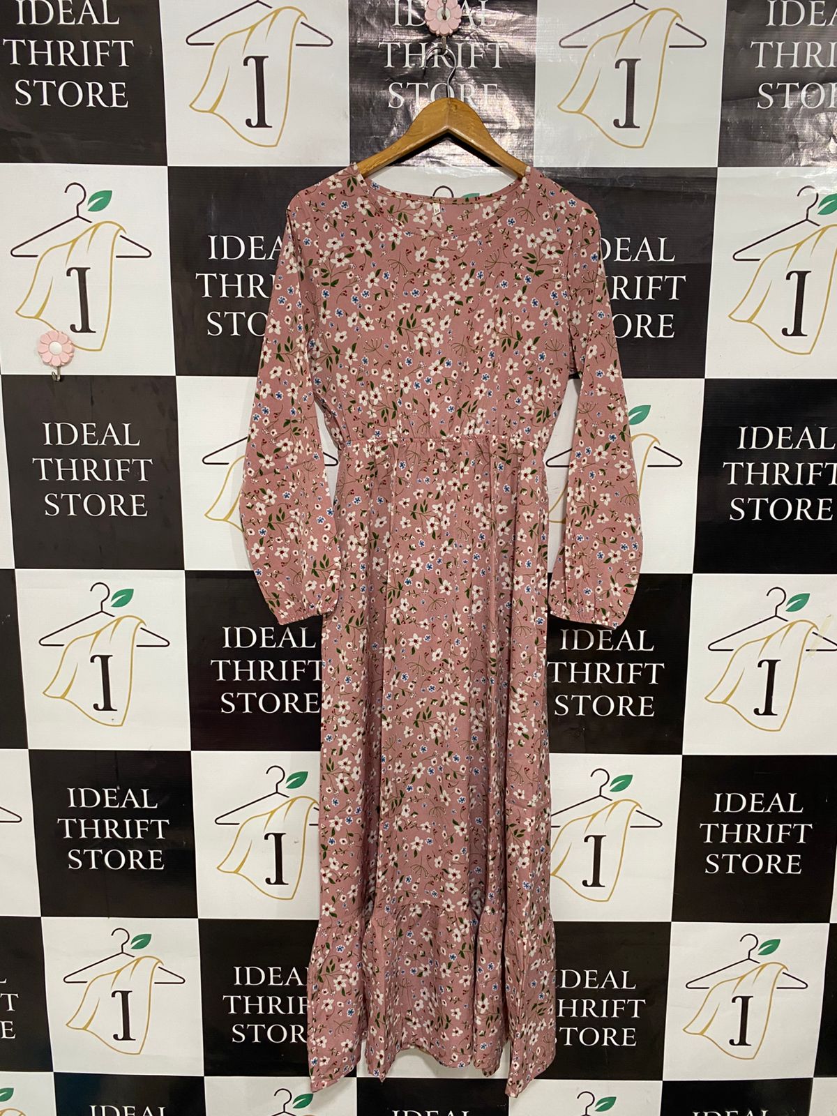 |M| BUST 17| A28| DUSTY PINK FLORAL PRINT LONG-SLEEVE RUFFLE-HEM MIDI / MAXI DRESS