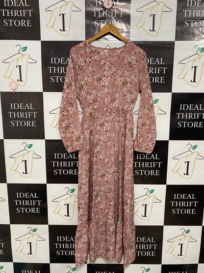 |M| BUST 17| A28| DUSTY PINK FLORAL PRINT LONG-SLEEVE RUFFLE-HEM MIDI / MAXI DRESS