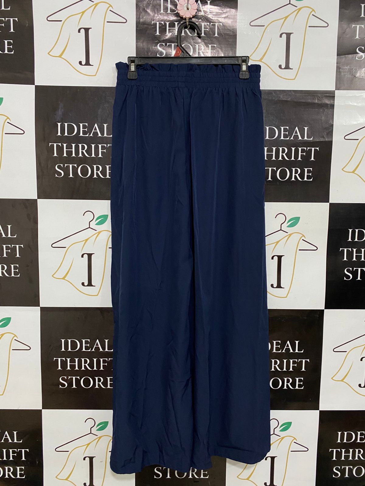 |M| BUST 28| A28| NAVY BLUE ELASTICATED TIE-WAIST WIDE-LEG LOUNGE PANTS