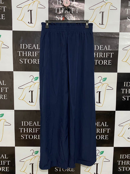 |M| BUST 28| A28| NAVY BLUE ELASTICATED TIE-WAIST WIDE-LEG LOUNGE PANTS