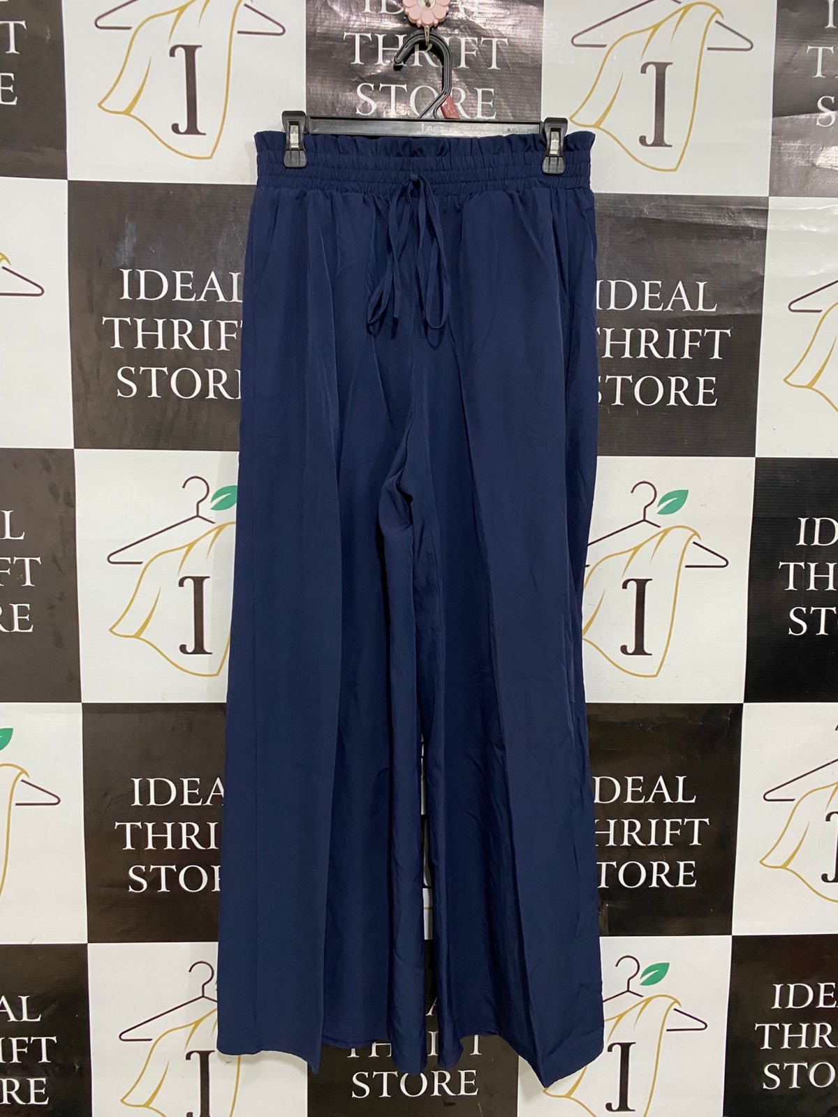 |M| BUST 28| A28| NAVY BLUE ELASTICATED TIE-WAIST WIDE-LEG LOUNGE PANTS