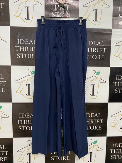 |M| BUST 28| A28| NAVY BLUE ELASTICATED TIE-WAIST WIDE-LEG LOUNGE PANTS