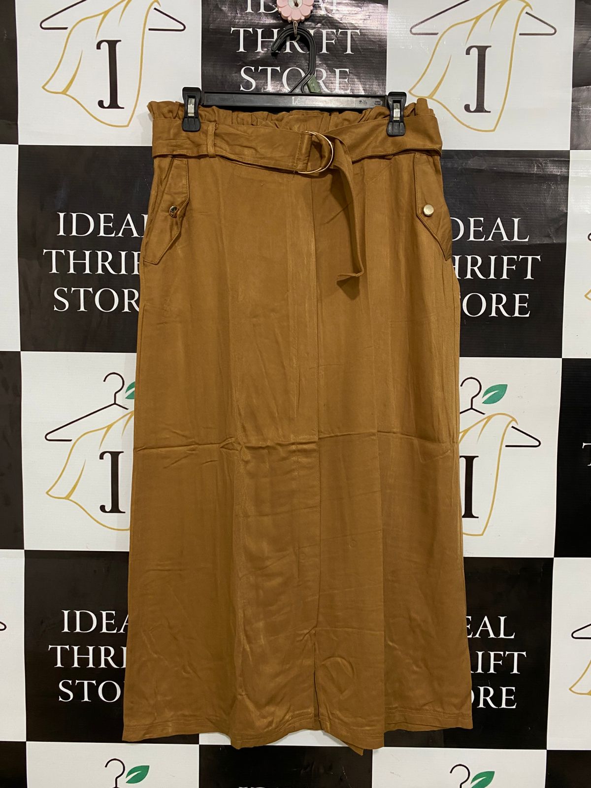 PRIMARK |L| WAIST 30| A28| CAMEL BROWN BELTED HIGH-WAISTED MIDI / MAXI SKIRT