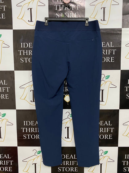 |L| WAIST 34| A28| NAVY BLUE PULL-ON SLIT-HEM STRETCH TROUSERS / ANKLE PANTS