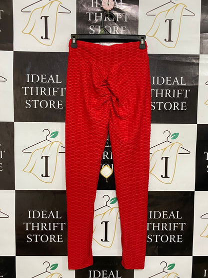 |M| WAIST 24| A28| VIBRANT RED TEXTURED ANTI-CELLULITE HIGH-WAISTED ATHLETIC LEGGINGS
