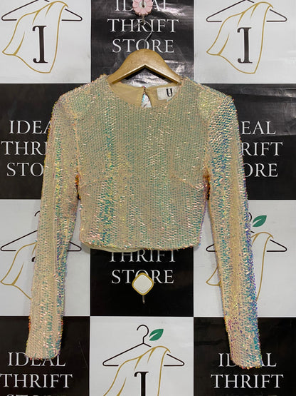 FOREVER UNIQUE |XS| BUST 15| A28| IRIDESCENT HOLOGRAPHIC SEQUIN LONG-SLEEVE CROP TOP