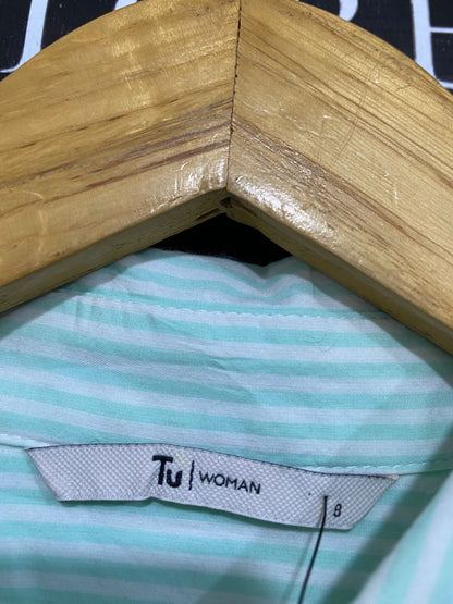 TU WOMAN |S| BUST 24| A28| MINT GREEN & WHITE STRIPED OVERSIZED BUTTON-DOWN SHIRT