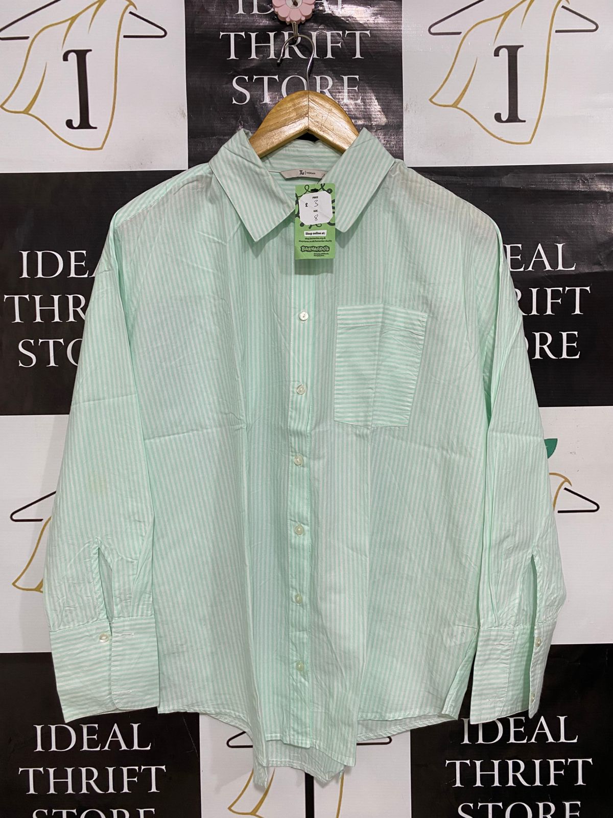 TU WOMAN |S| BUST 24| A28| MINT GREEN & WHITE STRIPED OVERSIZED BUTTON-DOWN SHIRT
