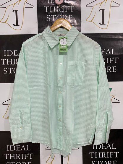 TU WOMAN |S| BUST 24| A28| MINT GREEN & WHITE STRIPED OVERSIZED BUTTON-DOWN SHIRT